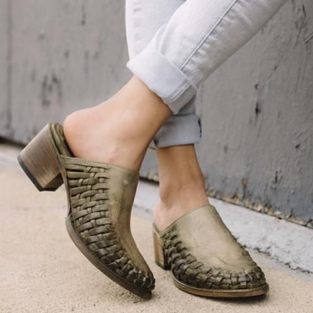 RARE Freebird Sofia leather mules woven green women 6